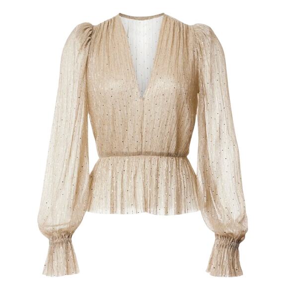 Sabina Musayev Liya Deep V Long Sleeve Top in Gold, Size XS - Picture 1 of 9